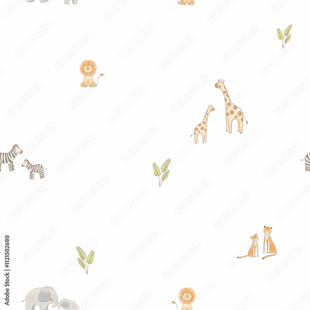 Fototapeta premium Beautiful seamless pattern with watercolor hand drawn cute safari giraffe and elephant animals. Stock illustration. For baby.