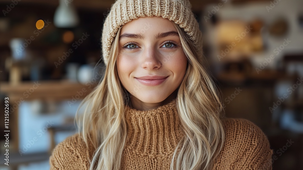 A young woman with long blonde hair smiles warmly, wearing a mocha mousse-colored knitted sweater and matching beanie in a cozy indoor setting A young woman with long blonde hair smiles warmly, wearing a mocha mousse-colored knitted sweater and matching beanie in a cozy indoor setting