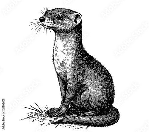 Vintage art weasel illustration, black sketch, wildlife predator design, hand-drawn vector print, small animal, old engraving style, trendy antique look, white background.