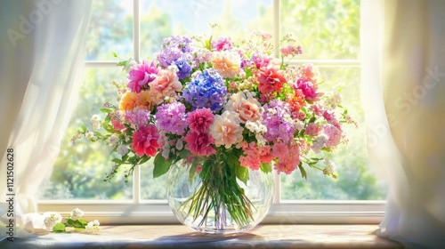 Colorful Flower Bouquet In Glass Vase By Window