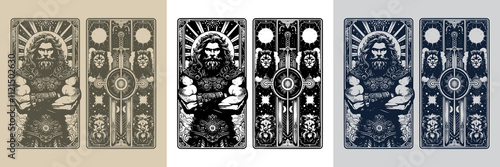 barbarian man playing card tattoo design with axe motifs