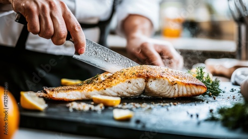 Chef expertly slicing a perfectly grilled fish fillet, seasoned with herbs and spices, on a dark slate board.  A culinary masterpiece in the making. photo