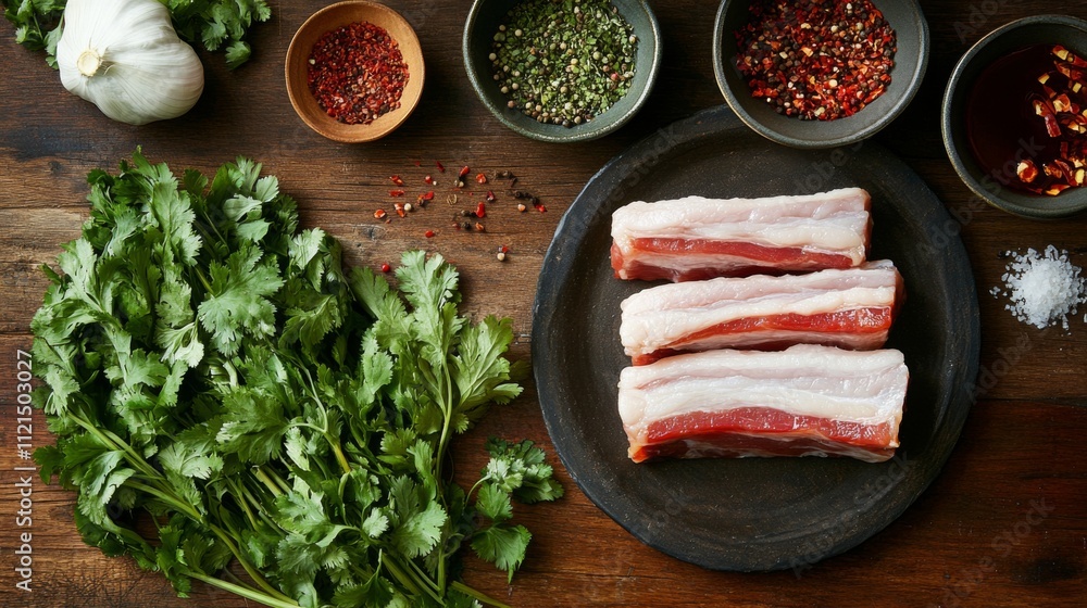 Fresh Ingredients for Cooking with Pork Belly and Herbs on Table Fresh Ingredients for Cooking with Pork Belly and Herbs on Table
