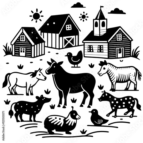 Hand-Drawn Farm Animals and Rural Village Vector Collection