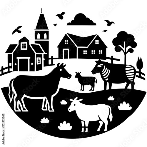 Hand-Drawn Farm Animals and Rural Village Vector Collection