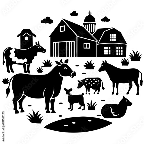 Hand-Drawn Farm Animals and Rural Village Vector Collection