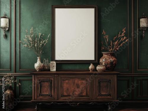 Mockup of a blank vertical frame on a dark wooden sideboard against a dark green wall.