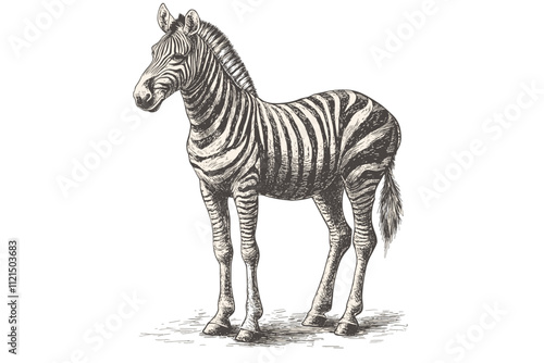 Safari animal zebra, black sketch effect illustration in vintage art style, striped design, wildlife vector print, trendy antique style, old engraving, white background.