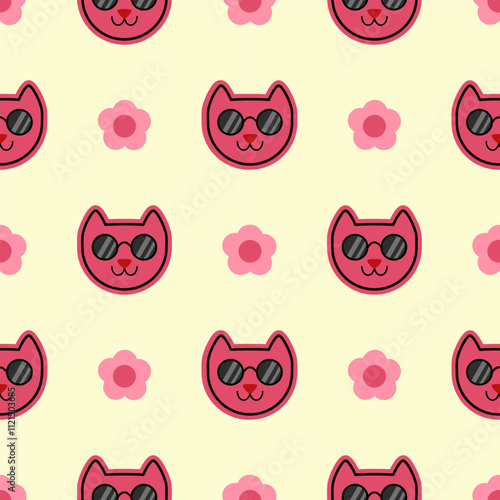 Face cat pink cartoon so cute. On flower pink background. Pattern seamless vector illustration. 

