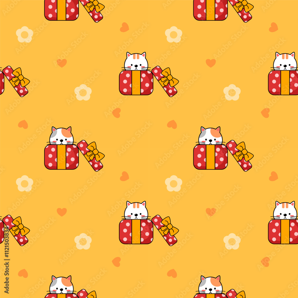 Fototapeta premium Cat in gift box red cartoon so cute. On flower heart yellow background. Pattern seamless vector illustration. 