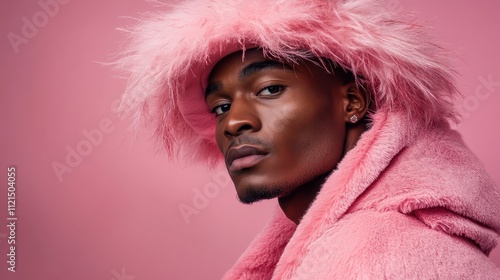 A man exuding confidence and style in pink fur, with a contemplative gaze, set against a pink background, illustrating modern fashion and self-assurance. photo