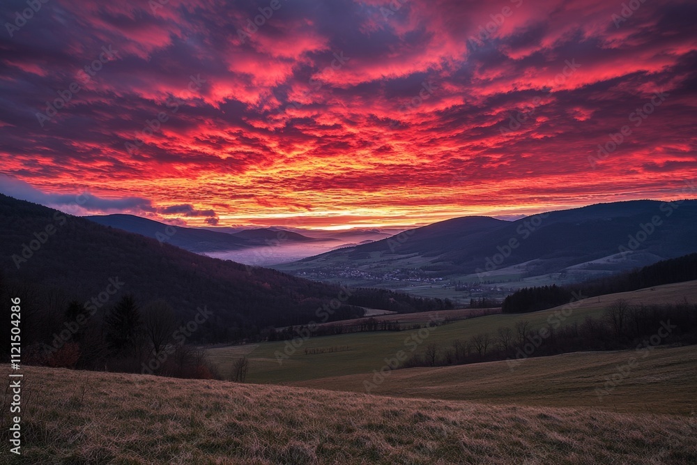 Fototapeta premium Majestic sunrise over rolling hills and valley with vibrant sky