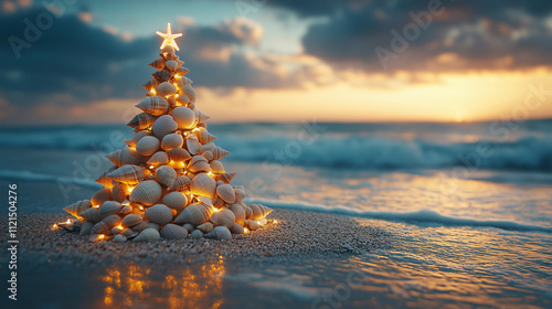 Christmas tree made of starfish and seashells on a festive beach, decorated with glowing lights. Perfect for holiday promotions, travel ads, and summer Christmas designs