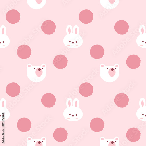 Face bear rabbit white cartoon so cute. On polka dot pink background. Pattern seamless vector illustration. 
