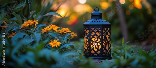 A black lantern with intricate designs sits on a bed of green grass and yellow flowers. The lantern is lit and emits a warm glow. photo