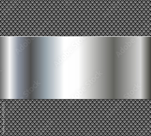 Silver chrome metal 3D background, lustrous and shiny metallic design with interesting holes pattern.