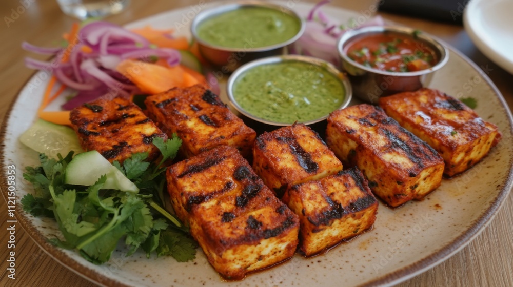 Grilled Paneer Skewers Served with Green Chutney and Vegetables Grilled Paneer Skewers Served with Green Chutney and Vegetables