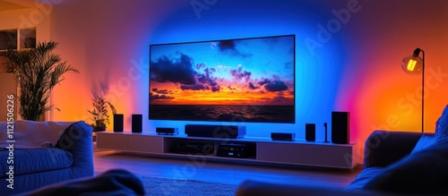 A modern living room with a large television, two sofas, a plant, and a floor lamp. The television is displaying a beautiful sunset over the ocean and is surrounded by colourful led lights.