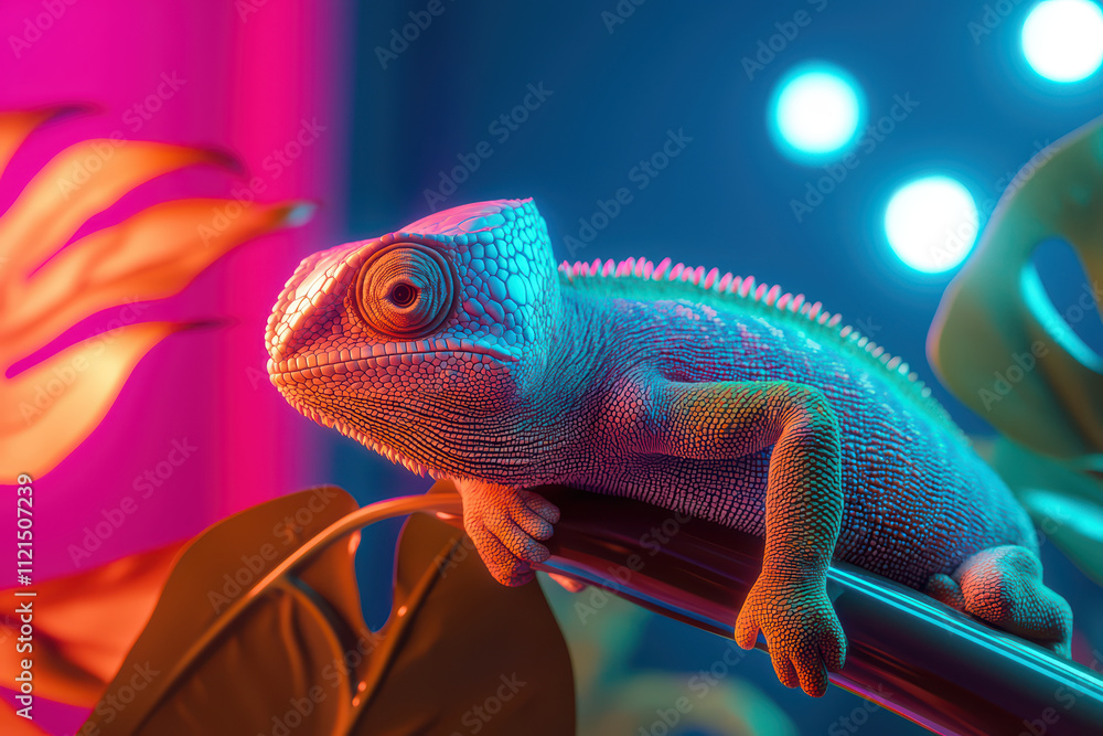 Fototapeta premium fashionable chameleon with iridescent scales rests on branch, surrounded by vibrant foliage and colorful lights, creating captivating and lively atmosphere