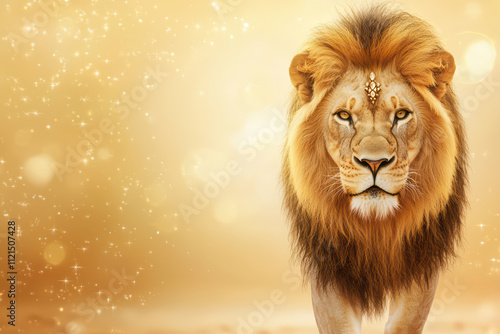 fashionable lion with majestic golden mane stands proudly against shimmering golden background, exuding strength and elegance. Its captivating gaze draws attention and admiration