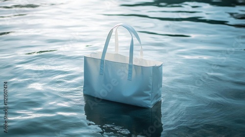White toot bag floating on the surface of the water in the lake.