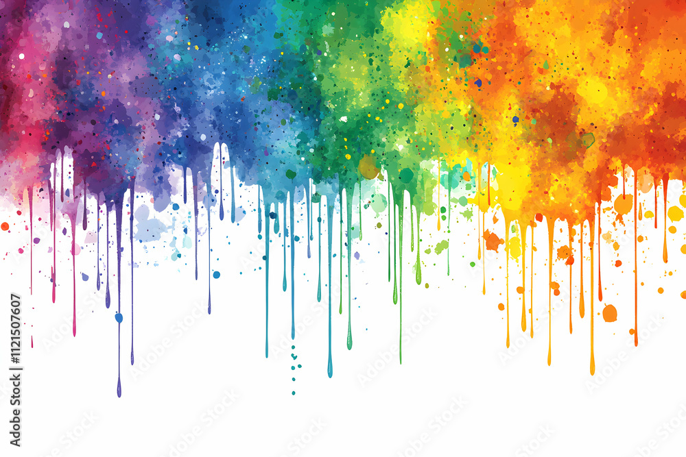 Fototapeta premium Vibrant rainbow watercolor paint drips and splatters on white background; perfect for design projects, cards, and backgrounds.