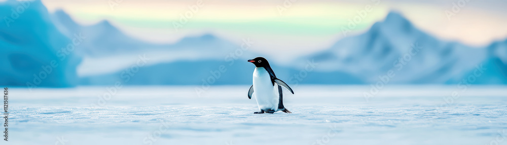 Fototapeta premium fashionable penguin stands gracefully icy landscape, showcasing its sleek black and white feathers against stunning backdrop of mountains and ice. serene atmosphere evokes sense of tranquility and