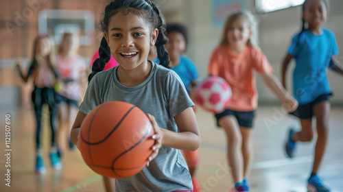 A group of young girls are playing basketball