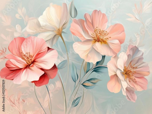 Wallpaper Mural Beautiful flowers in pastel colors on a soft blue background. Torontodigital.ca