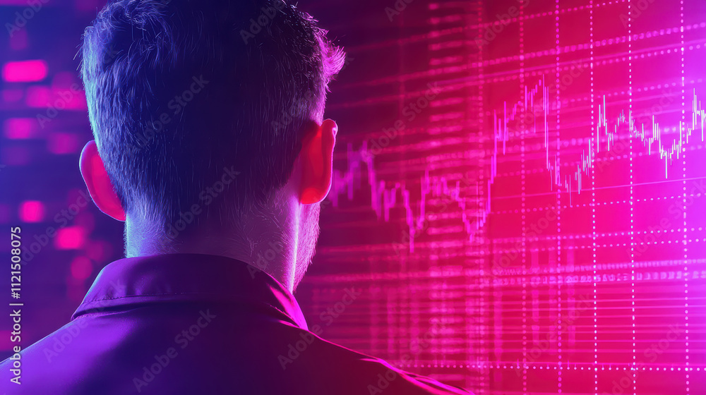 person observing data trends on digital screen with vibrant colors. background features graph with fluctuating lines, creating futuristic business atmosphere person observing data trends on digital screen with vibrant colors. background features graph with fluctuating lines, creating futuristic business atmosphere