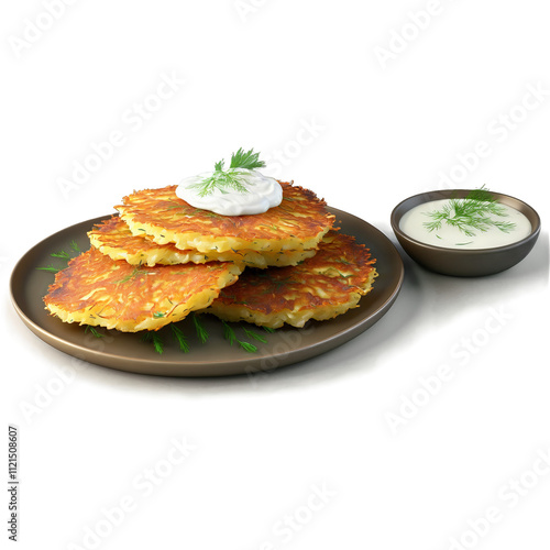 Belarusian draniki potato pancakes crispy golden brown sour cream dill garnish Culinary and Food concept photo