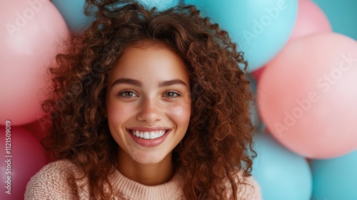 A young woman with curly hair smiles brightly against a backdrop of pink and blue balloons, capturing the essence of joy and vibrant youthful energy. photo