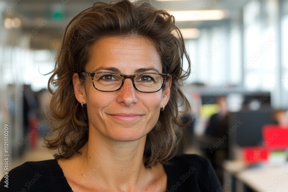 Portrait of a Confident Businesswoman with Glasses Smiling in a Modern Office Environment, Showcasing Professionalism and Approachability in a Workplace Setting Portrait of a Confident Businesswoman with Glasses Smiling in a Modern Office Environment, Showcasing Professionalism and Approachability in a Workplace Setting