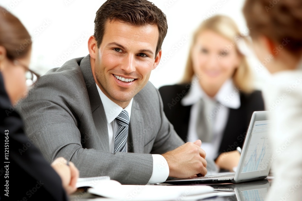 Professional Business Meeting with Smiling Man in Suit Engaging with Team around Conference Table in Modern Office Space, Collaboration and Communication Concept Professional Business Meeting with Smiling Man in Suit Engaging with Team around Conference Table in Modern Office Space, Collaboration and Communication Concept