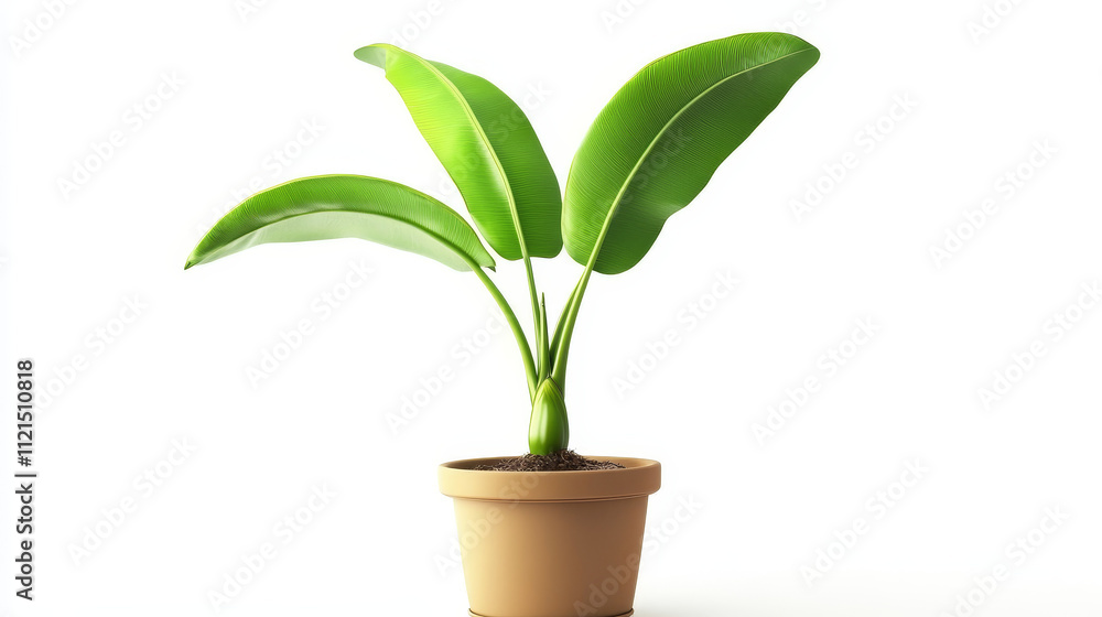 A vibrant potted banana plant, showcasing its tropical and lush green leaves.
