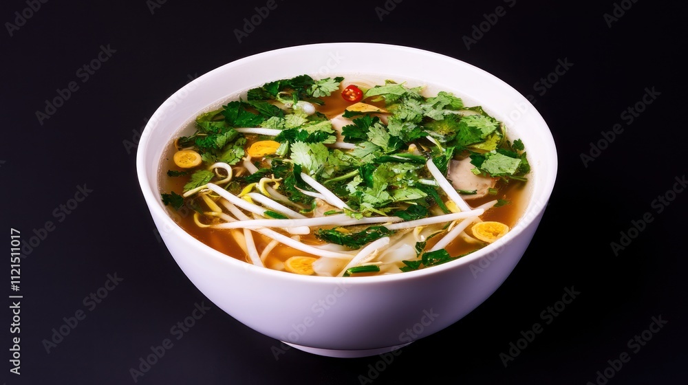 A bowl of pho filled with herbs, bean sprouts, and broth. A bowl of pho filled with herbs, bean sprouts, and broth.