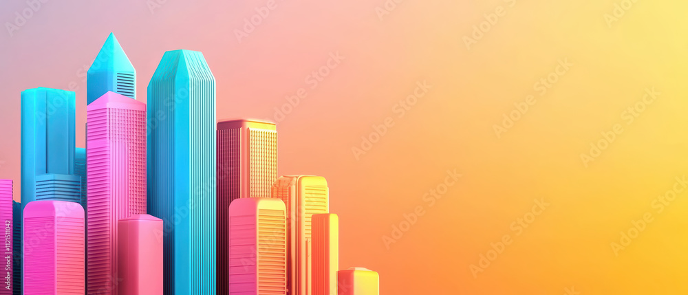 Futuristic cityscape with colorful skyscrapers against vibrant sunset. digital architecture features geometric shapes and blend of blue and pink hues, creating lively atmosphere Futuristic cityscape with colorful skyscrapers against vibrant sunset. digital architecture features geometric shapes and blend of blue and pink hues, creating lively atmosphere