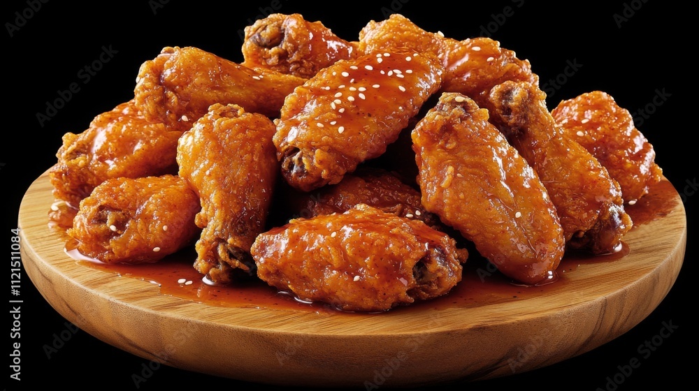 Crispy Chicken Wings with Spicy Sauce on Wooden Platter Crispy Chicken Wings with Spicy Sauce on Wooden Platter