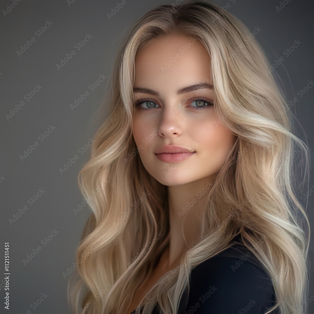 Portrait of a beautiful young blonde woman with long wavy hair and blue eyes. Portrait of a beautiful young blonde woman with long wavy hair and blue eyes.