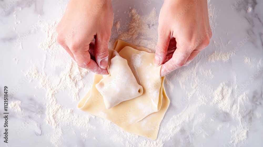 Hands folding fresh pasta dough into a tortellini shape on a white background, with flour lightly dusted around. Hands folding fresh pasta dough into a tortellini shape on a white background, with flour lightly dusted around.