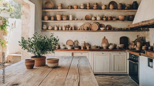 Rustic Kitchen With Earthenware Pottery And Wooden Table