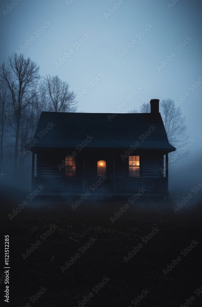Mysterious cabin in the fog with warm glowing windows at dusk Mysterious cabin in the fog with warm glowing windows at dusk