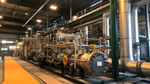 A large industrial building with a lot of pipes and valves. The pipes are connected to a large tank