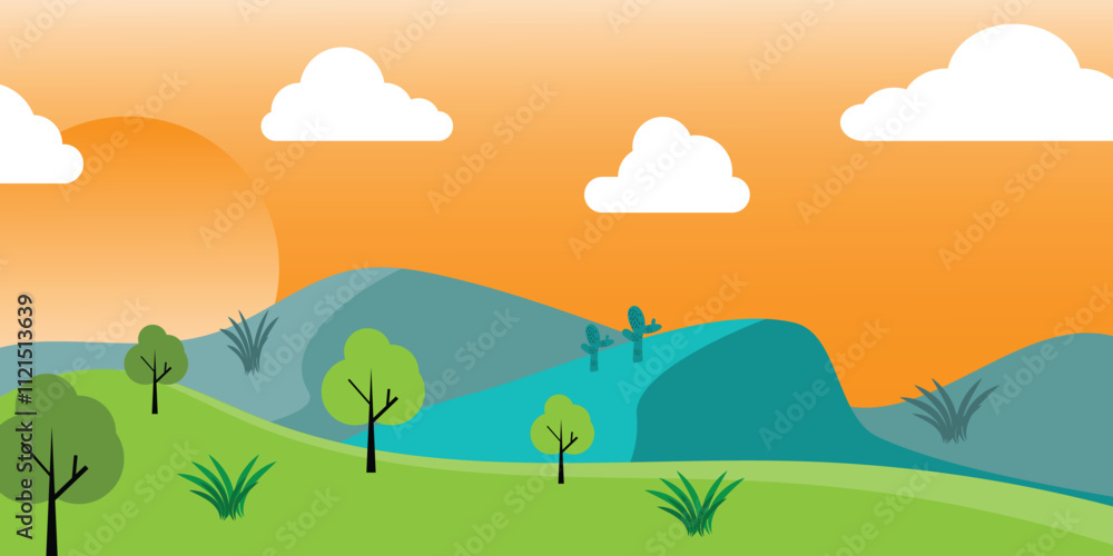 Obraz premium Nature landscape background with mountain and trees on sunset concept. Vector illustration
