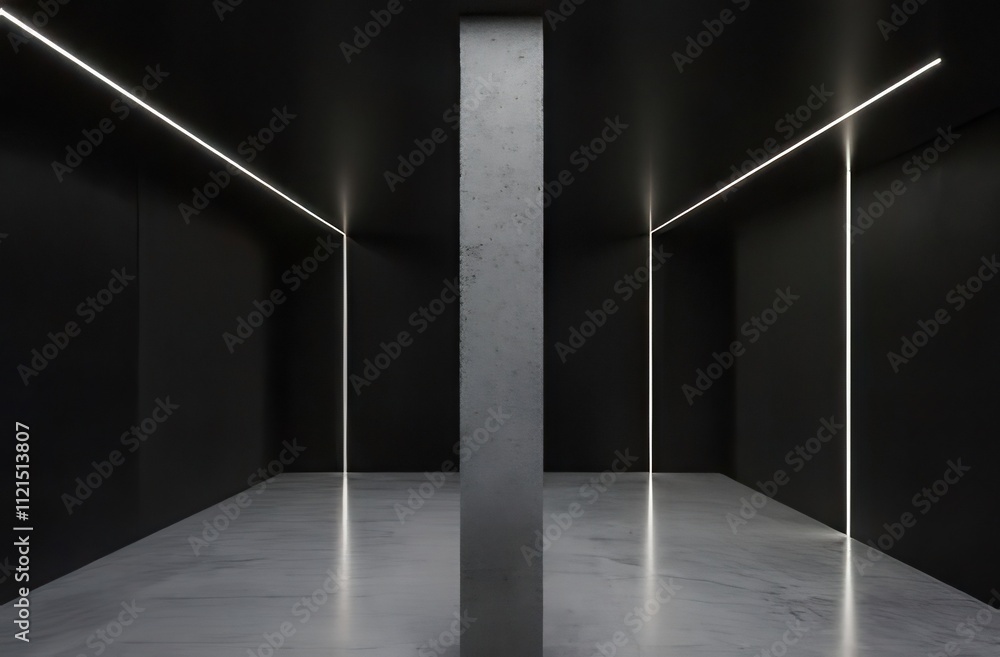 Minimalist dark room with concrete pillar and linear lighting. Minimalist dark room with concrete pillar and linear lighting.