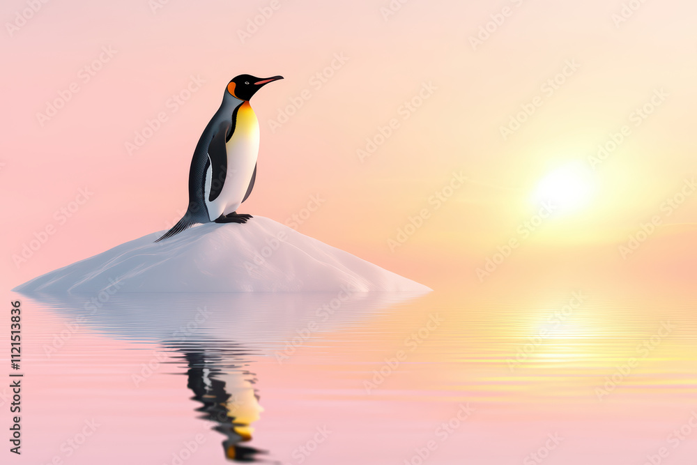 Fototapeta premium minimal fashionable penguin stands on ice mound, reflecting in calm waters at sunset. serene atmosphere captures beauty of nature and wildlife