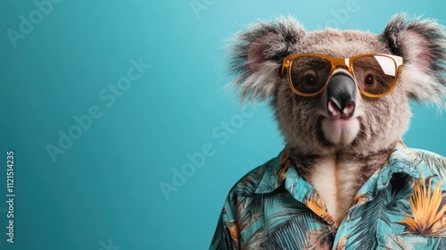 A fashionable koala wearing sunglasses stands out against a plain turquoise background, showcasing a sense of coolness and modern style effortlessly. photo