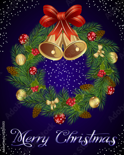 Christmas wreath with bells.Vector illustration with a Christmas wreath of fir branches with decorations and bells on a colored background with text.