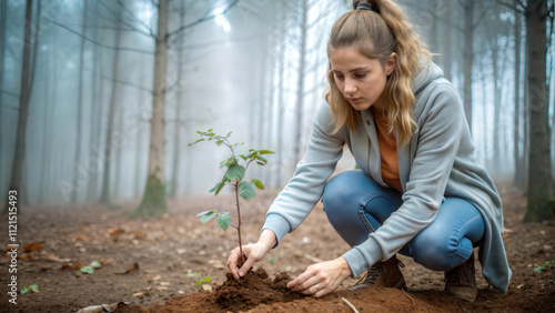 Focused young woman planting tree sapling in misty forest environment