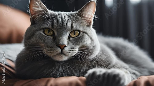 grey 4k cat lying bed cute fur lovable sofa muzzle mammal paw vet expression animal felino fluffy fuzzy eye funny friends adorable home hair whisker looking furry beautiful